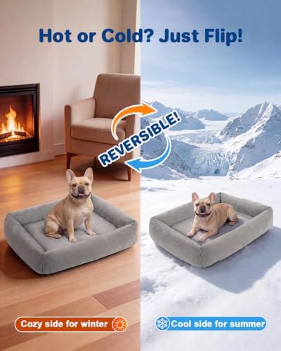 Cooling Dog Bed for Large Dogs - Removable Inner Cushion & Reversible Design (Ice‑Silk Cooling Layer | Sherpa Fleece Layer), Non‑Slip Bottom Washable Medium Mat for Crates, Beds, Sofas 24" × 15"