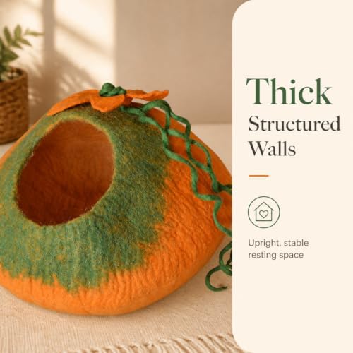Cat Cave Bed, Orange Green Handmade Felted Merino Wool, Large Covered and Cozy, Also Perfect for Kittens, Includes Bonus Catnip, Original Cat Caves, (Radiant Realm)