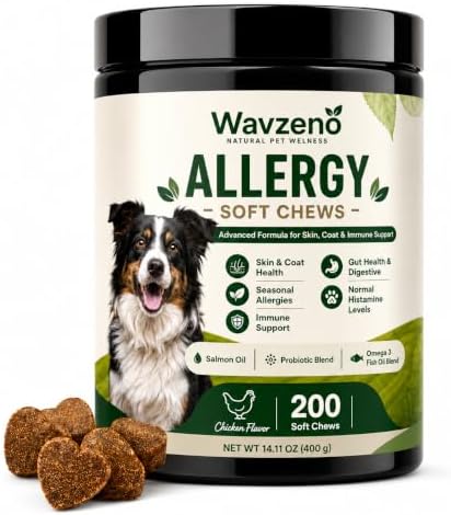 Dog Allergy Chews for Itchy Skin, Allergy Relief Soft Chews for Dogs with Probiotics, Omega 3 & Colostrum, Skin & Coat, Immune & Gut Health Support, Chicken Flavor, 200 Soft Chews