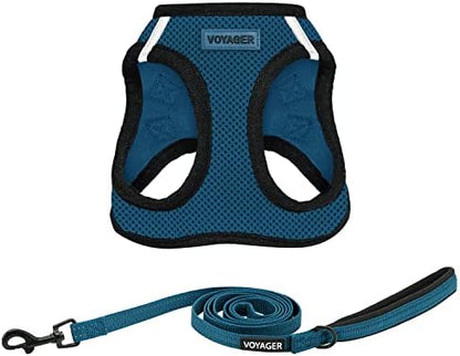 Best Pet Supplies Voyager Step-in Air All Weather Mesh Harness and Reflective Dog 5ft Leash Combo with Neoprene Handle, for Small, Medium and Large Breed Puppies - Blue/Black Trim, X-Large