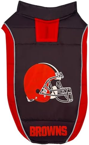 NFL Cleveland Browns Puffer Vest for Dogs & Cats, Size Small. Warm, Cozy, and Waterproof Dog Coat, for Small and Large Dogs/Cats. Best NFL Licensed PET Warming Sports Jacket