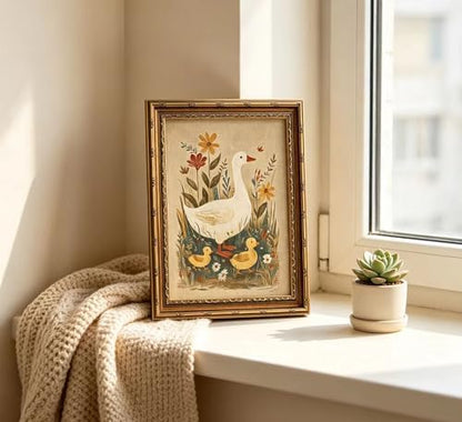 Vintage Gold Framed Goose Wall Art, Retro Floral Farm Animal Oil Painting Canvas Print, Antique Neutral Cottagecore Duck Wall Decor, Rustic Farmhouse Poster Artwork for Nursery Bedroom Living Room