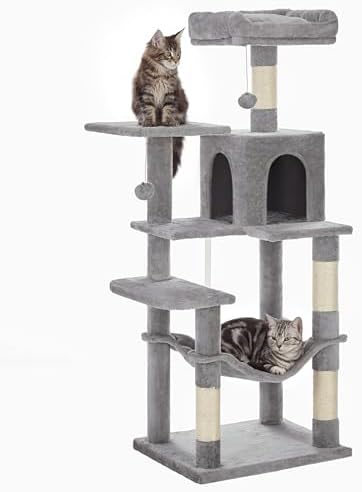 SONGMICS HOME Cat Tree for Indoor Cats, Multi-Level Cat Tower with Sisal Scratching Posts, Hammock and Condo, Light Gray