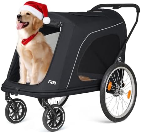 R8 Pro Extra Large Foldable Pet Stroller, Dog Stroller & Pet Trailer for Large Dogs Under 100 lbs, Unmovable, Disabled & Pregnant Dogs - Conveniently Carriable by Bike and Car, Black