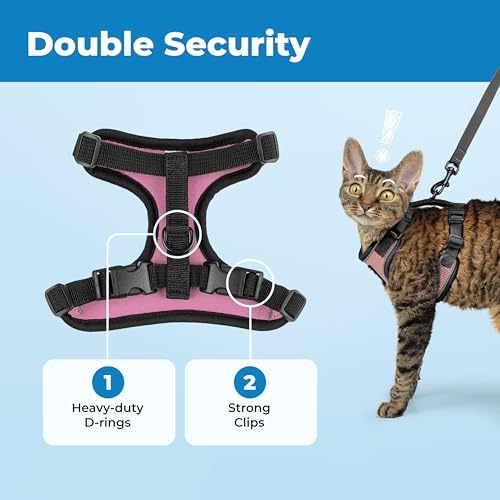 Voyager Escape-Proof Step-in Lock Cat Harness & 5ft Neoprene-Handle Leash Set All-Weather Mesh with Reflective Stitching for Small to Large Cats by Best Pet Supplies, Black Trim-Pink (327), XXXS