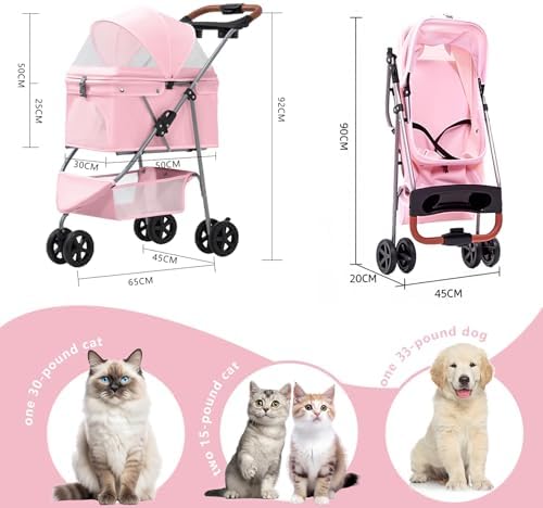 Pet Stroller for Small/Medium Dogs and Cats, Foldable 3 Wheel Jogger,One-Click Fold,Breathable Mesh, Storage Basket,Cup Holder,Weather Cover,(Pink)