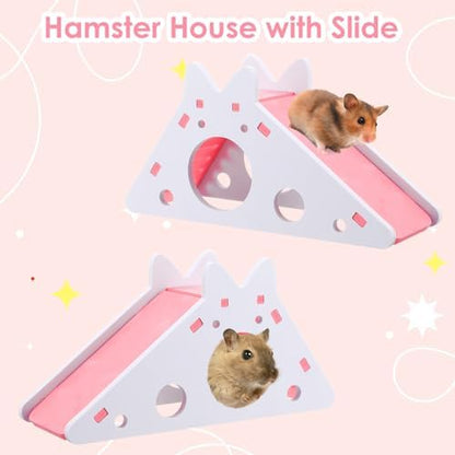 TIESOME Hamster House with Ladder and Slide, Wooden Hamster Play Toys Hideout Hut Gerbil Rat Hideaway Small Animal Activity Toy DIY Hamsters Cage Accessories for Small Pets(Pink)