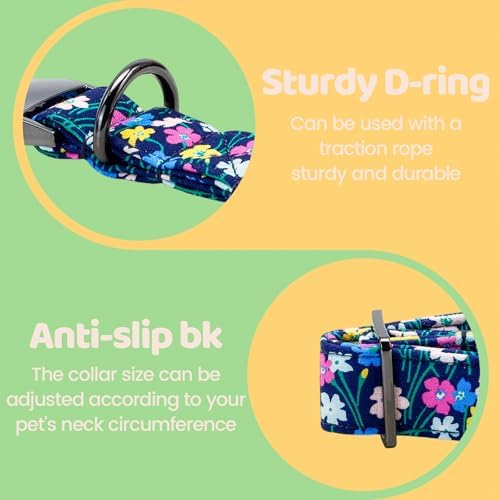 Dog Collars, Spring Summer Floral Print Pet Collar Navy Blue Adjustable Cotton Dog Collar with Bow Metal Buckle Bowtie Collars for X-Large Dogs