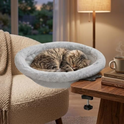 Cat Desk Bed, Foldable Clamp-On Cat Perch for Home Office & Gaming Desk, Holds up to 40 lbs, Paw-Shaped Clamp, Machine Washable Breathable Cover, Cloud Dancer White
