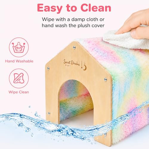 Guinea Pig Hideout House, Tie Dye Plush Small Animal Hideaway Shelter with Wooden Frame, Cozy Pet Bed for Guinea Pigs, Hamsters, Hedgehogs, Chinchillas, Rats and Small Pets