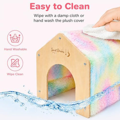 Guinea Pig Hideout House, Tie Dye Plush Small Animal Hideaway Shelter with Wooden Frame, Cozy Pet Bed for Guinea Pigs, Hamsters, Hedgehogs, Chinchillas, Rats and Small Pets