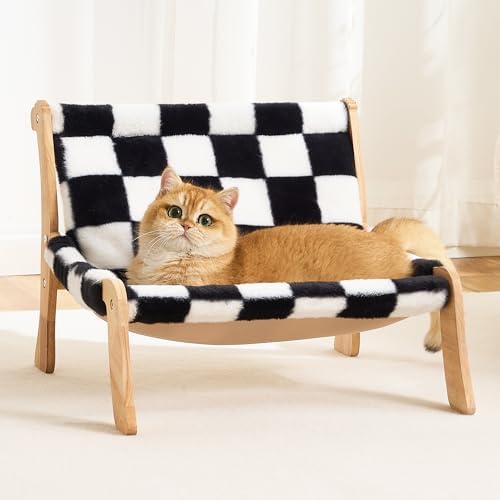 Solid Wood Cat Couch Bed for Indoor Cats, Modern Cat Sofa with Ultra-Soft Plush Surface Washable, Reclined Backrest, Elevated Plush Cat Lounge for Small to Adult Cats, Black & White