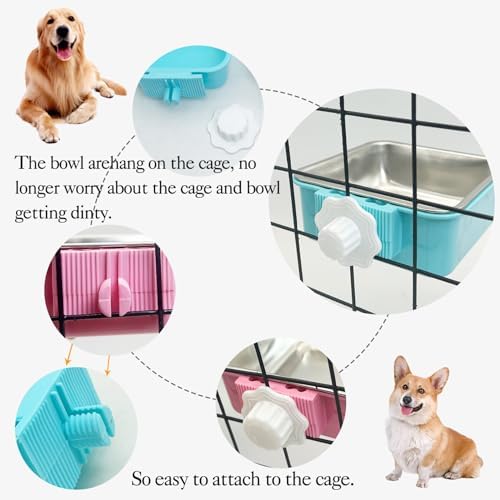kathson Crate Dog Bowl, Removable Stainless Steel Hanging Pet Kennel Cage Bowl Food & Water Feeder Coop Cup for Puppy, Cat, Rabbit, Guinea Pigs 3pcs Small Square(Blue, Green, and Pink)