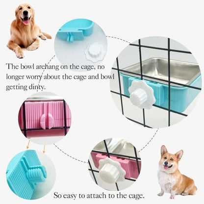 kathson Crate Dog Bowl, Removable Stainless Steel Hanging Pet Kennel Cage Bowl Food & Water Feeder Coop Cup for Puppy, Cat, Rabbit, Guinea Pigs 3pcs Small Square(Blue, Green, and Pink)