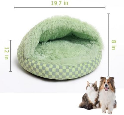 Cat Bed Hooded Plush Nest with Self-Warming Cozy Cave, Calming Anti-Anxiety Pet Bed for Indoor Cats & Small Dogs, Removable Washable Cover & Waterproof Bottom - Green