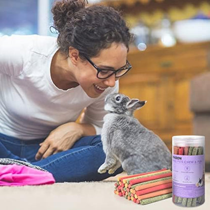 ERKOON 80Pcs Rabbit Timothy Hay Sticks, Five Flavors：PurplePotato/TimothyHay/Pumpkin/Strawberry/Carrot，Suitable Guinea Pig, Hamste, Gerbil, Chinchilla Treats, Chew Toys for Teeth for Bunnies