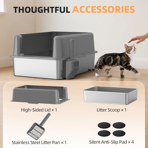 Stainless Steel Cat Litter Box, XXL High Sided Open Top Litter Pan, 1 Scoop