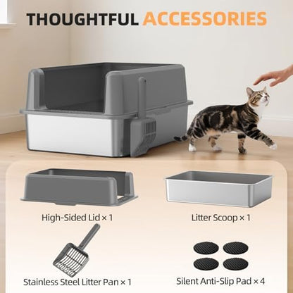 Stainless Steel Cat Litter Box, XXL High Sided Open Top Litter Pan, 1 Scoop