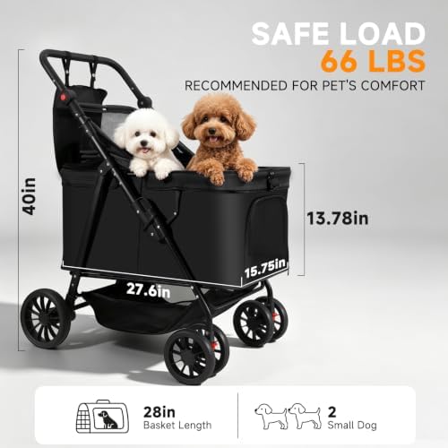Dog Stroller for Large & Medium Dogs (Up to 66 lbs), Pet Stroller for 2 Small Dogs with Adjustable Handle & Canopy, Sun Shades, Storage Organizer, Oxford Fiber, Foldable & Ventilated