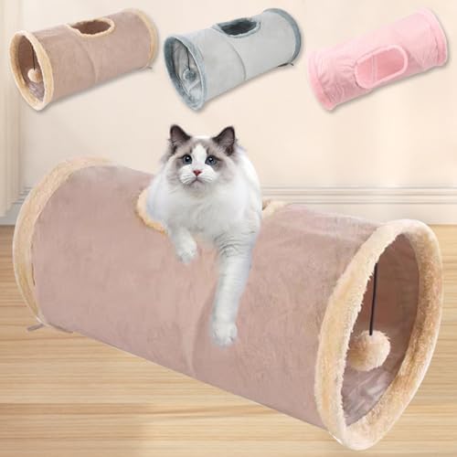 Cat Tunnel,Indoor Cat Play Tube Toys with Play Ball,Durable Collapsible Rabbit Hideaway Tunnel for Kitten,Bunny, Guinea Pig, Rat, Hamster, Ferret, Chinchilla (Khaki)