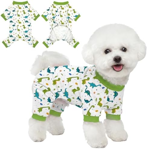 Dog Pajamas for Small Medium Dogs Pjs Green Dinosaurs Dog Onesie Breathable Puppy Pj Pet Stretchy Soft Sleepwear for Spring Summer Costume-L
