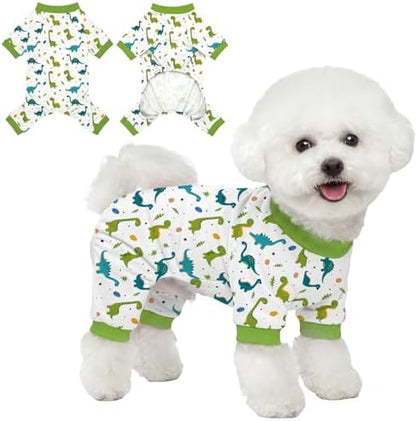 Dog Pajamas for Small Medium Dogs Pjs Green Dinosaurs Dog Onesie Breathable Puppy Pj Pet Stretchy Soft Sleepwear for Spring Summer Costume-L