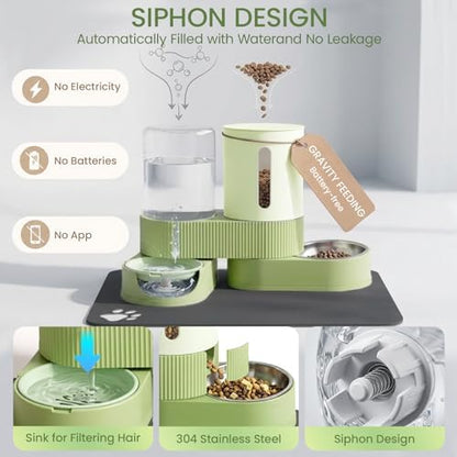 Gravity Cat Feeder 2 Pack Automatic Food Feeder Stainless Steel Water Dispenser Set 360° Rotatable Pet Bowls with Silicone Mat and Brush for Cats Small Medium Dogs, Large Capacity(Green)