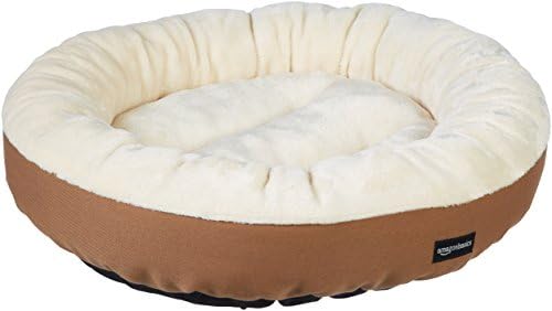 Amazon Basics Round Bolster Pet Bed for Dog or Cat with Flannel Top, 20.0" L x 20.0" W x 6.0" Th, Up to 11lbs, Brown and Ivory