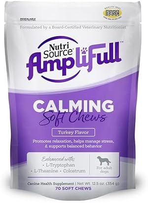 NutriSource AmpliFull Turkey Flavor Calming Dog Soft Chews, Daily Anxiety & Stress Relief Supplement for Dogs, High Absorption for Relaxation, 70 Chews (1 Pack)