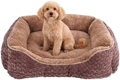 Plush Dog Bed Small, Brown, Machine Washable, Dog Beds Sofa with Pillow Support, 20x19Inch, Corn Kernel Design, Non-Slip Bottom, Thick PP Cotton Padding