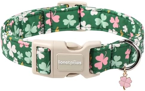 Lionet Paws St. Patrick Dog Collar- Cute Clover Green Dog Collars with Plastic Buckle, Light Adjustable Dogs Collars with Pink Clover Pendant for Small Medium Dogs