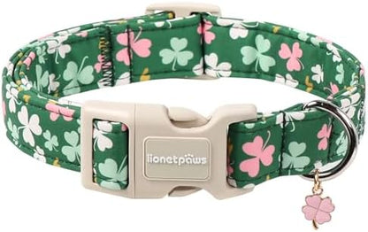 Lionet Paws St. Patrick Dog Collar- Cute Clover Green Dog Collars with Plastic Buckle, Light Adjustable Dogs Collars with Pink Clover Pendant for Small Medium Dogs