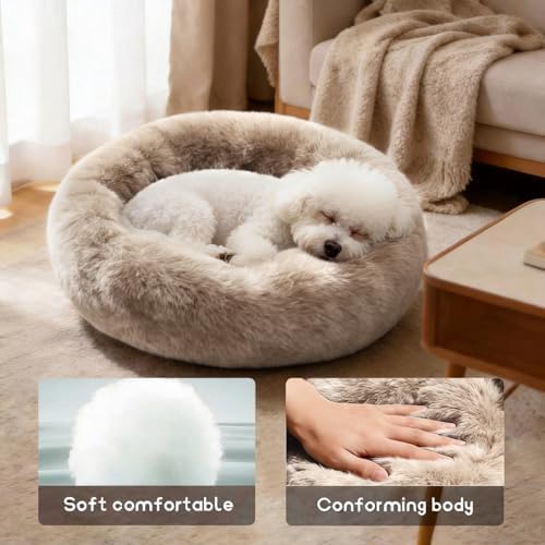 Comfort Donut Dog Bed for Small Dogs, Cat Bed & Pet Bed for Indoor Use, Medium Size with Soft Plush, Round Dog Beds for Large Dogs and Cats (Khaki, 20''Lx20''Wx8''Th)