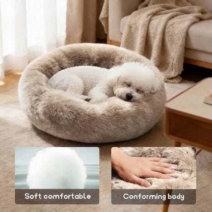 Comfort Donut Dog Bed for Small Dogs, Cat Bed & Pet Bed for Indoor Use, Medium Size with Soft Plush, Round Dog Beds for Large Dogs and Cats (Khaki, 20''Lx20''Wx8''Th)