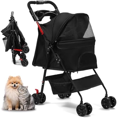 Dog Stroller, Pet Stroller with 4 Wheels, Foldable Dog Strollers for Small Medium Dogs & Cats, Cat Stroller with Storage Basket, Breathable Mesh, 360° Wheels & Rear Brakes Black
