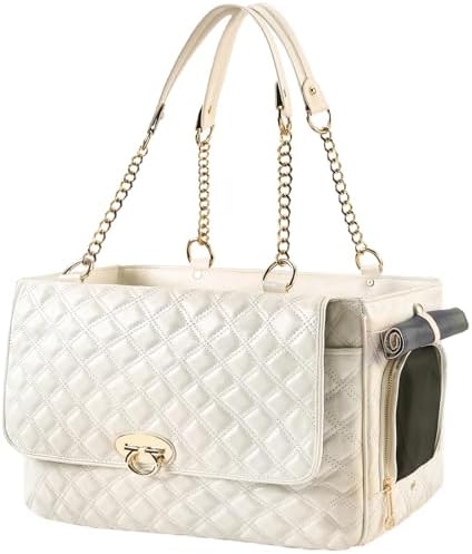 Fashion Dog Purse for Small Dogs with 2 Super-Large Pockets, Holds Up to 10lbs PU Leather Pet Carrier, Cat Carrier, Airline Approved Puppy Purse for Travel (White, Small Size)