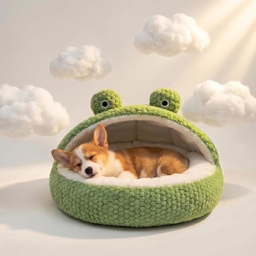 CWV Cute Cat Beds Kitten Beds, Soft Small Dog Beds, Washable Pet Beds for Puppy and Kitty, Funny Frog Cat Cave, 23 Inches