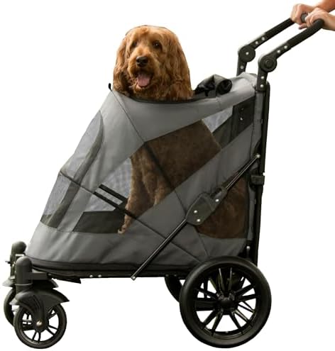 Pet Gear NO-Zip Pet Stroller with Dual Entry, Push Button Zipperless Entry for Single or Multiple Dogs/Cats, Pet Can Easily Walk in/Out, Gel-Filled Tires, Pebble, Excursion