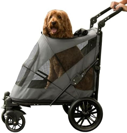 Pet Gear NO-Zip Pet Stroller with Dual Entry, Push Button Zipperless Entry for Single or Multiple Dogs/Cats, Pet Can Easily Walk in/Out, Gel-Filled Tires, Pebble, Excursion