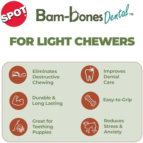 SPOT Bam-Bones Dental X-Bone - Made with Bamboo Fiber and a Massaging Rubber Center, Durable Oral Care Dog Chew for Light Chewers & Teething Puppies under 25lbs, 6in Allergen Free Peanut Butter Flavor