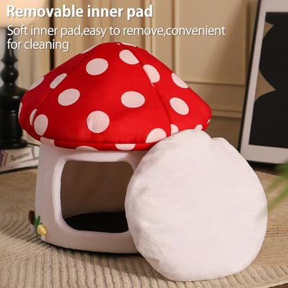 Cute Cat Bed Cave for Indoor Highland Mushroom Shaped Pet Plush House Self-Warming Nest Small Dogs Rabbits with Removable Cushion for Puppy Bed with Hanging Toy (Red Mushroom)