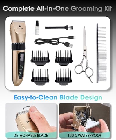 M&M STAR Dog Grooming Kit, Low Noise Dog Clippers, 2-Speed IPX7 Waterproof, Rechargeable Cordless Pet Hair Clippers Trimmer Shaver with LED Display for Dogs and Cats, Gold