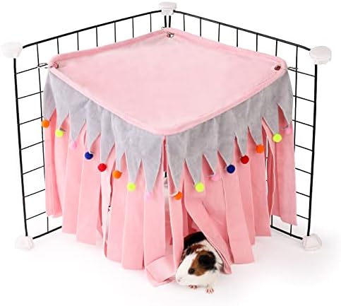 Guinea Pig Hideout - Guinea Pig Corner Hideout, Four-Sided Fringes, Square Top and Washable Hides, Ideal Hides for Small Pets, No Metal Fences, Pink
