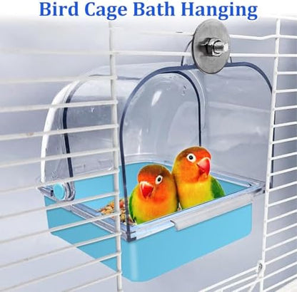 Tfwadmx Bird Cage Bath Hanging Bird Bath Supplies Parrot Bath Tub Water Shower Food Feeder Holder Tray for Small Birds Canary Budgies Cockatiel Lovebirds(Blue)
