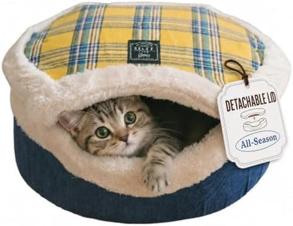 Cat Bed Cave - Enclosed Hideaway with Detachable Lid for Kitten (Yellow)