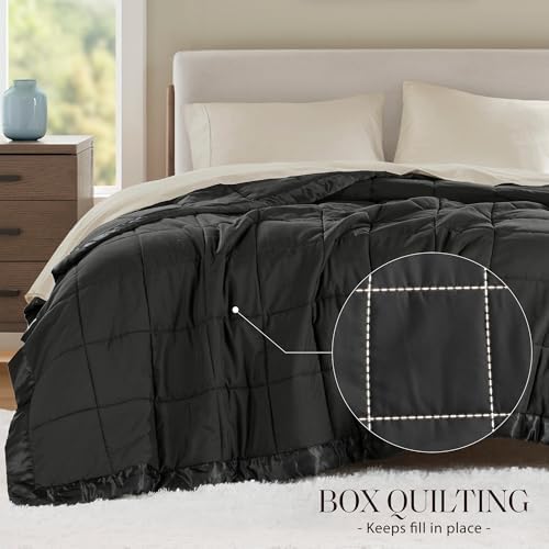 Madison Park Down Alternative Twin Size Blanket for Bed, Satin Trim, Black