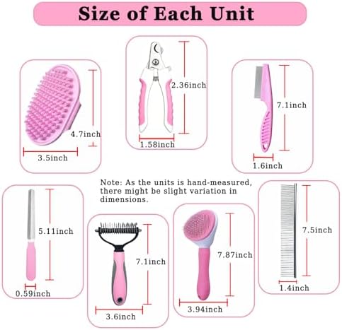 7PCS Dog Grooming Brush Kit for Shedding and Matted Fur, Self-Cleaning Slicker Brush with Undercoat Rake, Flea Comb for Long-Haired Pets, Pink