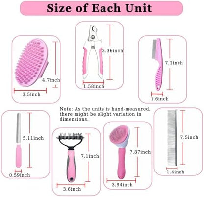7PCS Dog Grooming Brush Kit for Shedding and Matted Fur, Self-Cleaning Slicker Brush with Undercoat Rake, Flea Comb for Long-Haired Pets, Pink