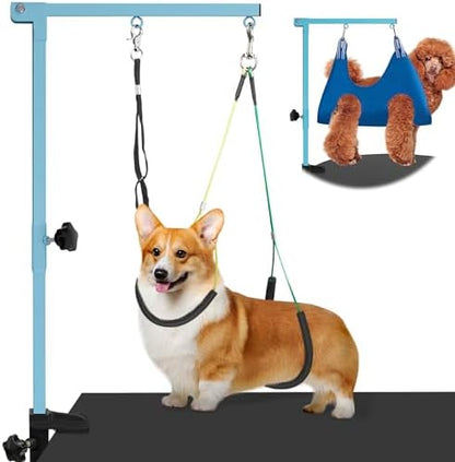 getlstub Dog Grooming Arm with Pet Grooming Hammock, 35" Pet Grooming Table Arm with Adjustable No Sit Haunch Holders, Dog Grooming Stand with Loop Noose for Small and Medium Pets, Blue