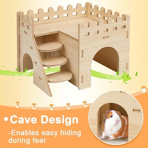 PETKNOWS 2-Pack Hamster House Wooden Castle Mouse Hideouts Bed with Stairs